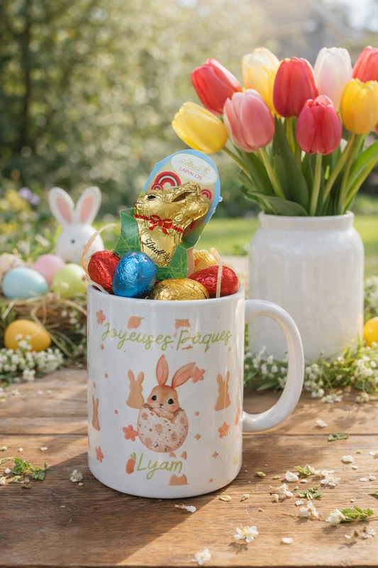 Tasse de Pâques personnalisée avec prénom – Garnie de chocolats
